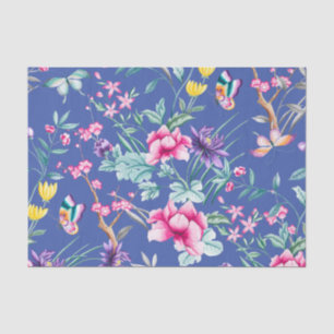 Cute Deep Blue Floral & Butterflies Pattern Tissue Paper