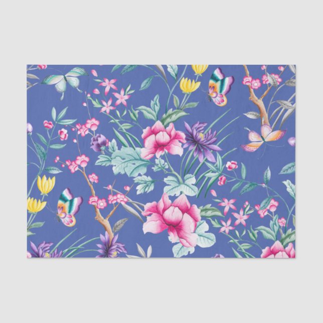Cute Deep Blue Floral & Butterflies Pattern Tissue Paper (Front)