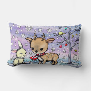 Cute Deer and Bunny Holiday Art Lumbar Cushion