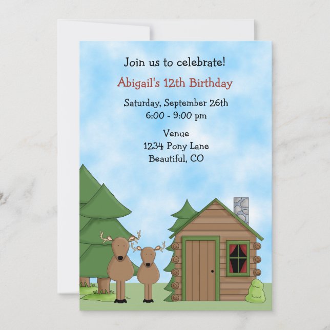 Cute Deer and Cabin Woodland Birthday Invitation (Front)