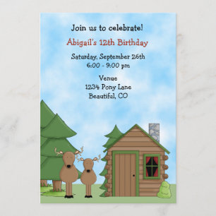 Cute Deer and Cabin Woodland Birthday Invitation