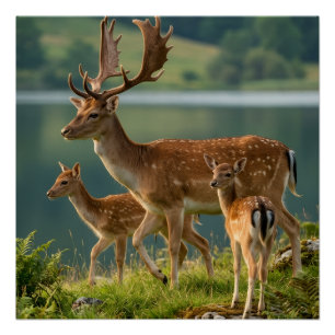 Cute Deer And Fawns By Lake In Forest Nature Fleec Poster