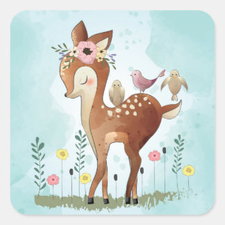 Cute Deer And Friends Square Sticker