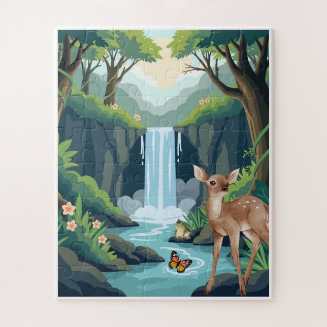 Cute Deer and Waterfall Forest Kids Jigsaw Puzzle (Vertical)