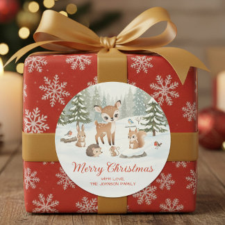 Cute Deer and Woodland Animals Merry Christmas Classic Round Sticker