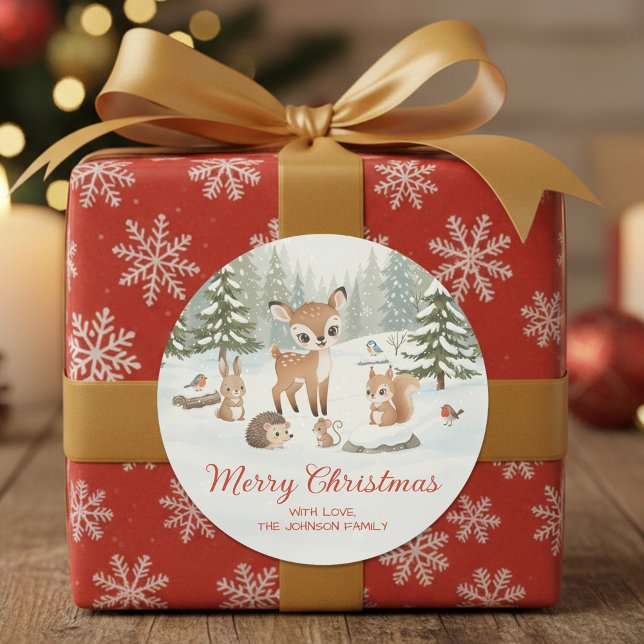 Cute Deer and Woodland Animals Merry Christmas Classic Round Sticker (Creator Uploaded)
