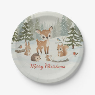 Cute Deer and Woodland Animals Merry Christmas Paper Plate