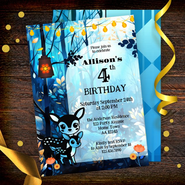 Cute Deer Autumn Kid's Birthday Invitation (Cute autumn kids birthday party invitation featuring two cute deer in a forest with festive lights)