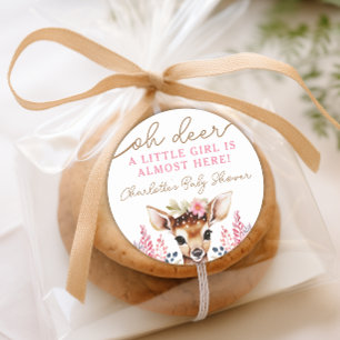 Cute Deer Baby Shower Pink Floral Favour Classic Round Sticker