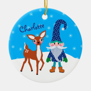 Cute Deer Blue Gnome Christmas Kids Ceramic Tree Decoration