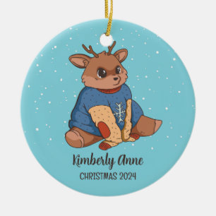 Cute Deer Christmas Reindeer Snowy Winter Holiday Ceramic Tree Decoration