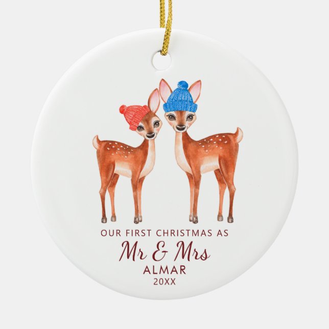 Cute Deer Couple Personalised Mr Mrs Newlyweds Ceramic Tree Decoration (Front)