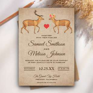 Cute Deer Couple Rustic Burlap Wedding Invitation