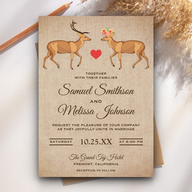 Cute Deer Couple Rustic Burlap Wedding Invitation (Creator Uploaded)