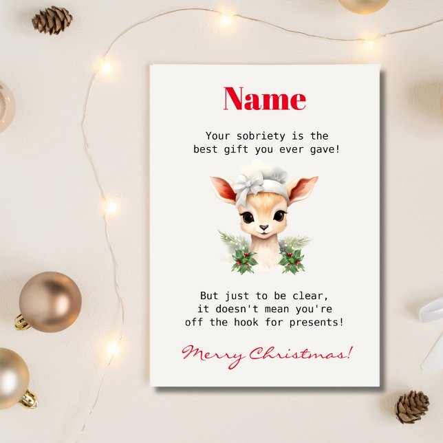 Cute Deer Custom Name Sober Support Christmas Card (Personalize sober support christmas card, cute deer, pastel colors, cozy winter, custom name)