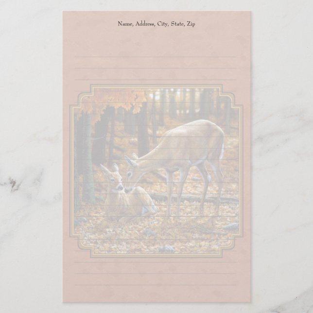 Cute Deer Doe & Fawn Autumn Red Stationery (Front)
