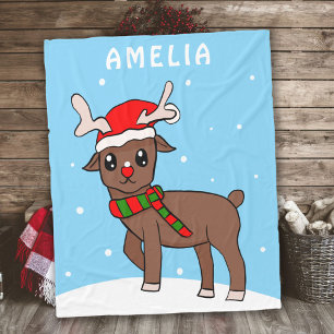 Cute Deer Drawing Snow Snowflakes Christmas Fleece Blanket