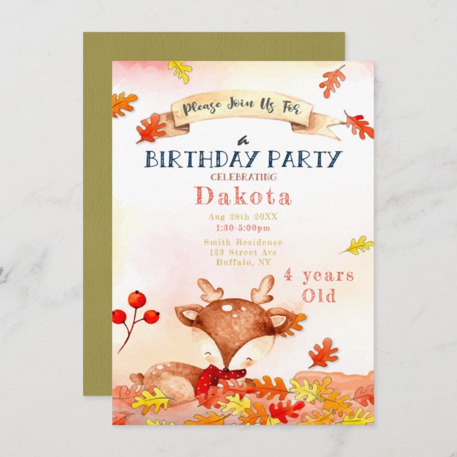 Cute Deer Fall Autumn Birthday Party Invitations  (Front/Back)