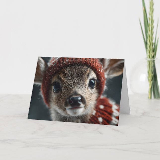 Cute Deer Fawn in Knitted Hat and Scarf Card (Front)