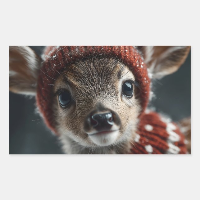 Cute Deer Fawn in Knitted Hat and Scarf Rectangular Sticker (Front)