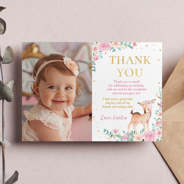 Cute Deer Floral Birthday Photo Thank You Card (Creator Uploaded)