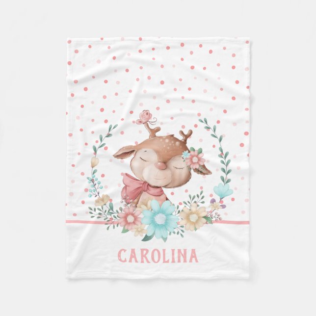 Cute Deer Floral Reversible Fleece Blanket (Front)