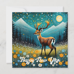 Cute Deer Flowers Meadow Fantasy Holiday Card