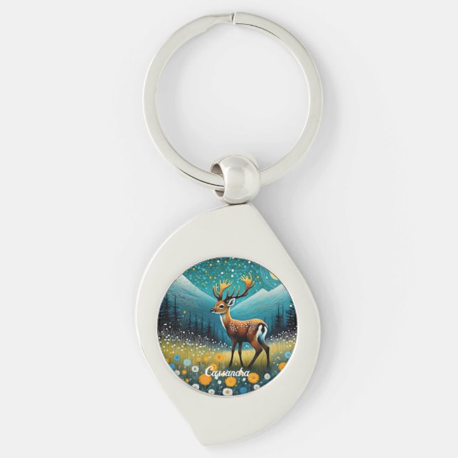Cute Deer Flowers Meadow Fantasy Key Ring (Front)