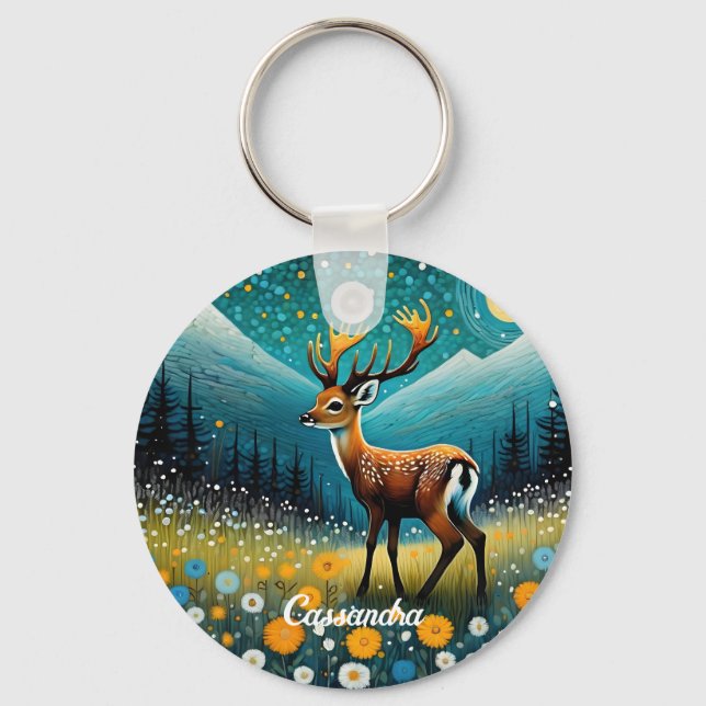 Cute Deer Flowers Meadow Fantasy Key Ring (Front)