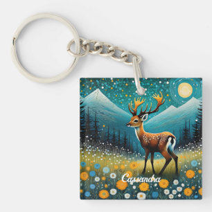 Cute Deer Flowers Meadow Fantasy Key Ring