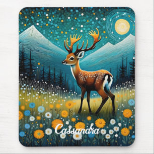 Cute Deer Flowers Meadow Fantasy  Mouse Pad