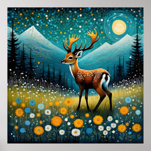 Cute Deer Flowers Meadow Fantasy  Poster
