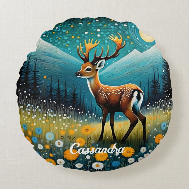 Cute Deer Flowers Meadow Fantasy Round Cushion (Front)