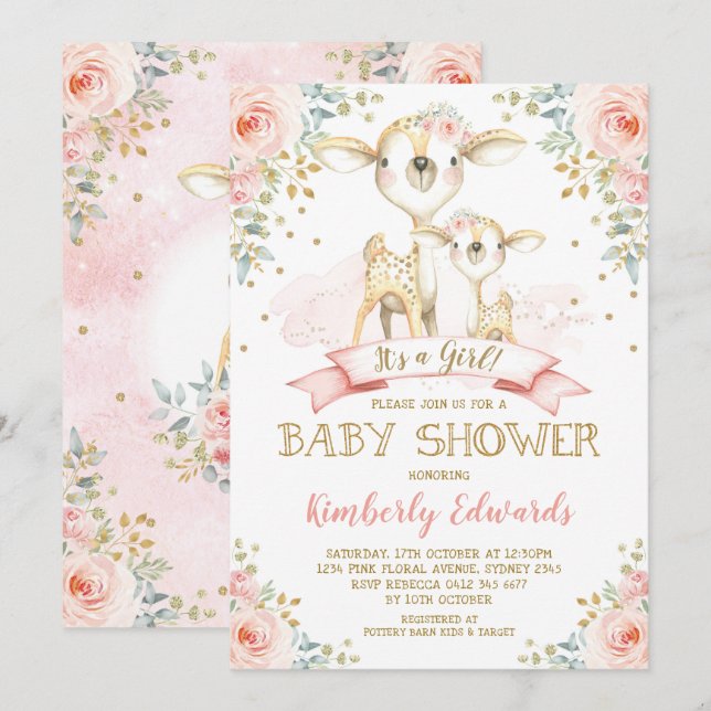 Cute Deer Girl Baby Shower Blush Pink Gold Roses Invitation (Front/Back)