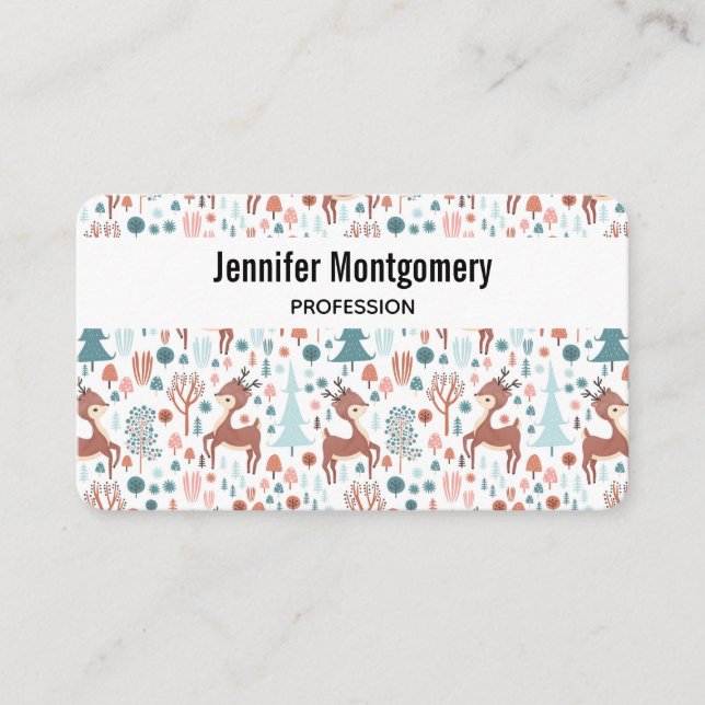 Cute Deer in Whimsical Forest Pattern Business Card (Front)
