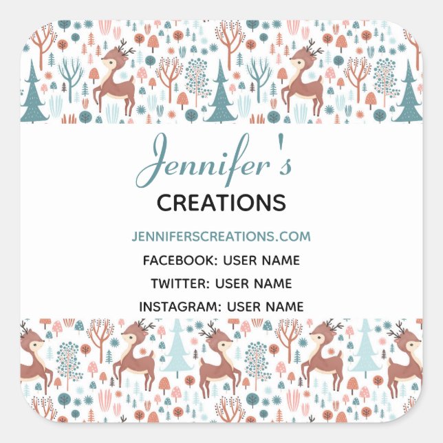 Cute Deer in Whimsical Forest Pattern Business Square Sticker (Front)
