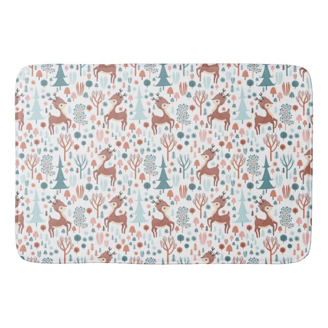Cute Deer in Whimsical Forest Pattern Christmas Bath Mat (Front)