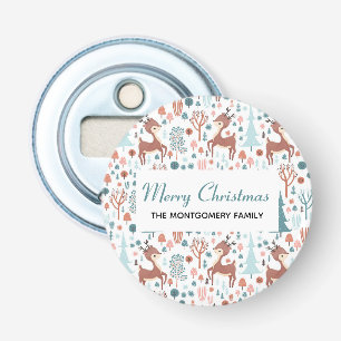 Cute Deer in Whimsical Forest Pattern Christmas Bottle Opener
