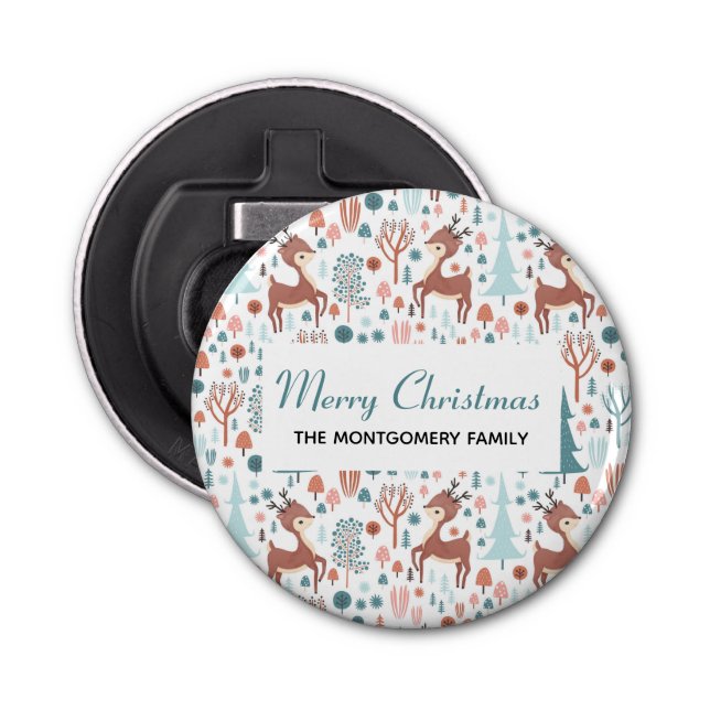 Cute Deer in Whimsical Forest Pattern Christmas Bottle Opener (Front)