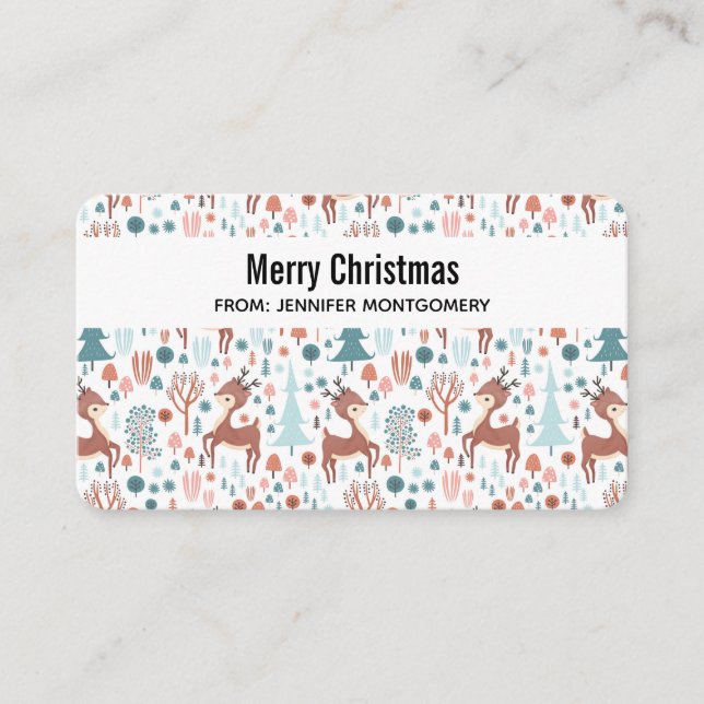 Cute Deer in Whimsical Forest Pattern Christmas Business Card (Front)