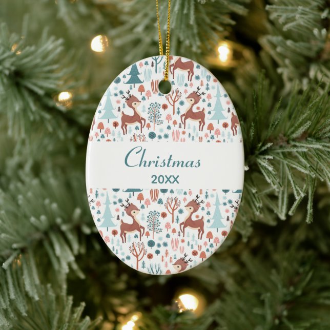 Cute Deer in Whimsical Forest Pattern Christmas Ceramic Tree Decoration (Tree)