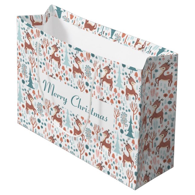 Cute Deer in Whimsical Forest Pattern Christmas Large Gift Bag (Front Angled)