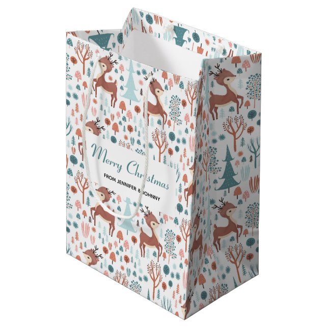 Cute Deer in Whimsical Forest Pattern Christmas Medium Gift Bag (Front Angled)