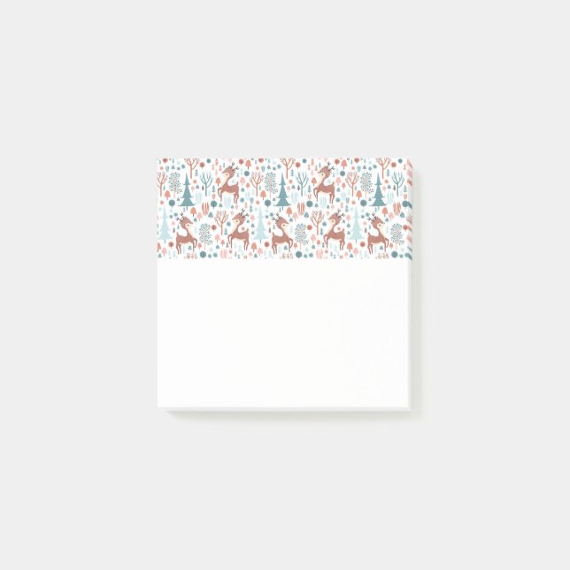 Cute Deer in Whimsical Forest Pattern Christmas Post-it Notes (Front)