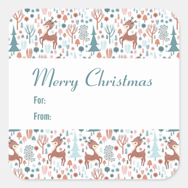 Cute Deer in Whimsical Forest Pattern Christmas Square Sticker (Front)