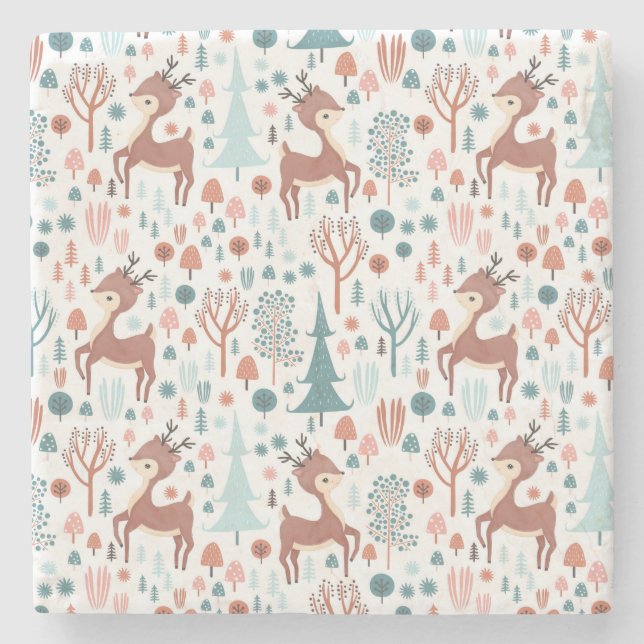 Cute Deer in Whimsical Forest Pattern Christmas Stone Coaster (Front)