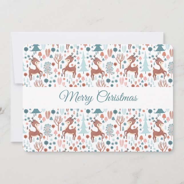 Cute Deer in Whimsical Forest Pattern Holiday Card (Front)