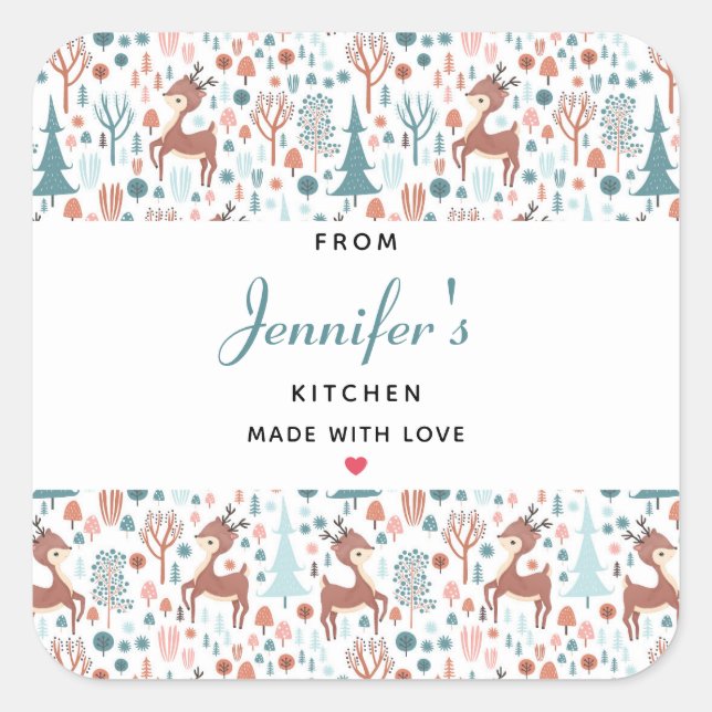 Cute Deer in Whimsical Forest Pattern Kitchen Square Sticker (Front)