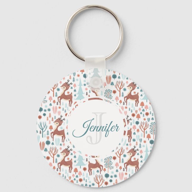  Cute Deer in Whimsical Forest Pattern Monogram Key Ring (Front)