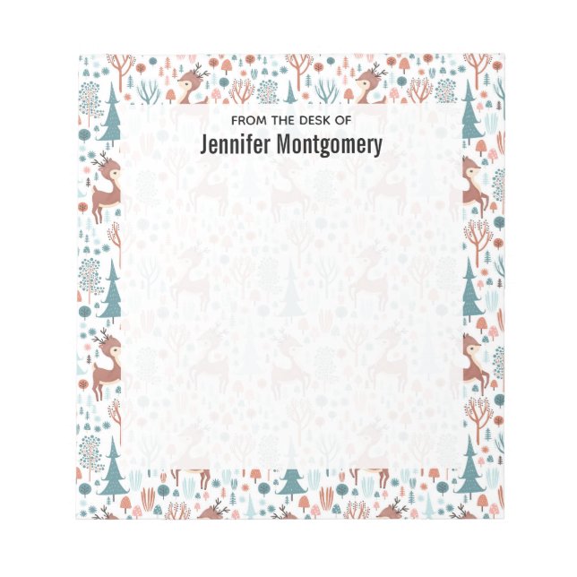 Cute Deer in Whimsical Forest Pattern Notepad (Front)